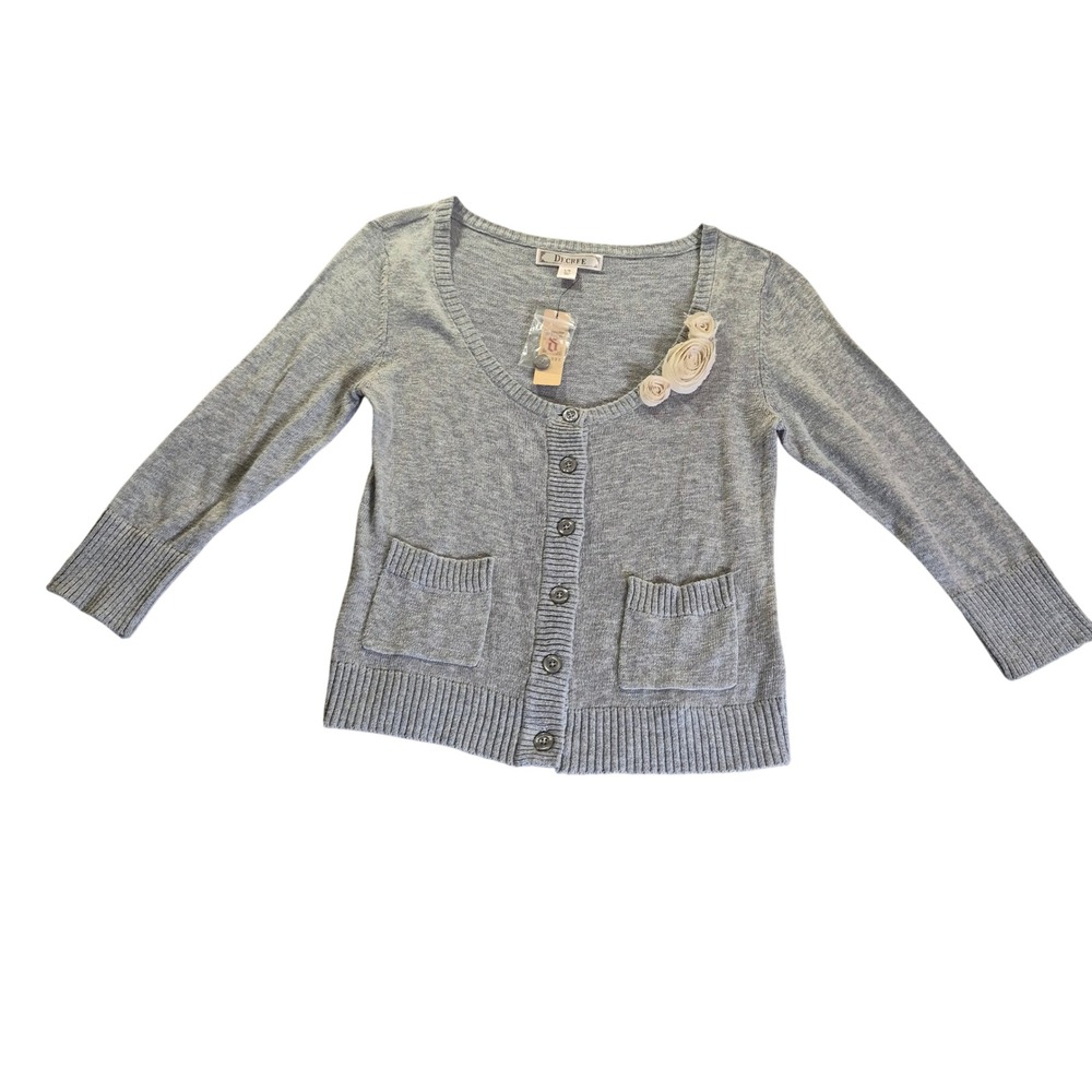 Decree Cardigan Heather Gray Womens Large Rosette Floral Cotton Y2K Coquette